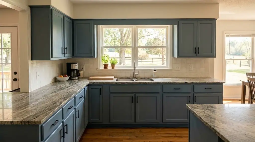 Illustration of granite countertops in a bright kitchen, the kind of top Quality Kitchens & Baths offers in Martin, TN