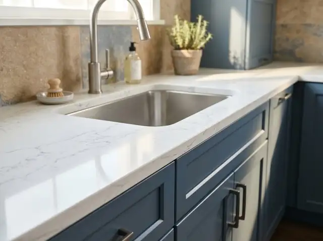 Illustration of a white quartz countertop with a soft grey vein in a kitchen