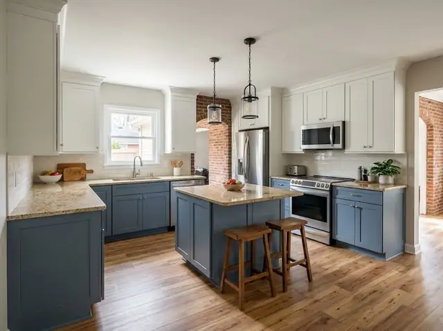 Illustration of a remodeled kitchen with stone countertops and new cabinets